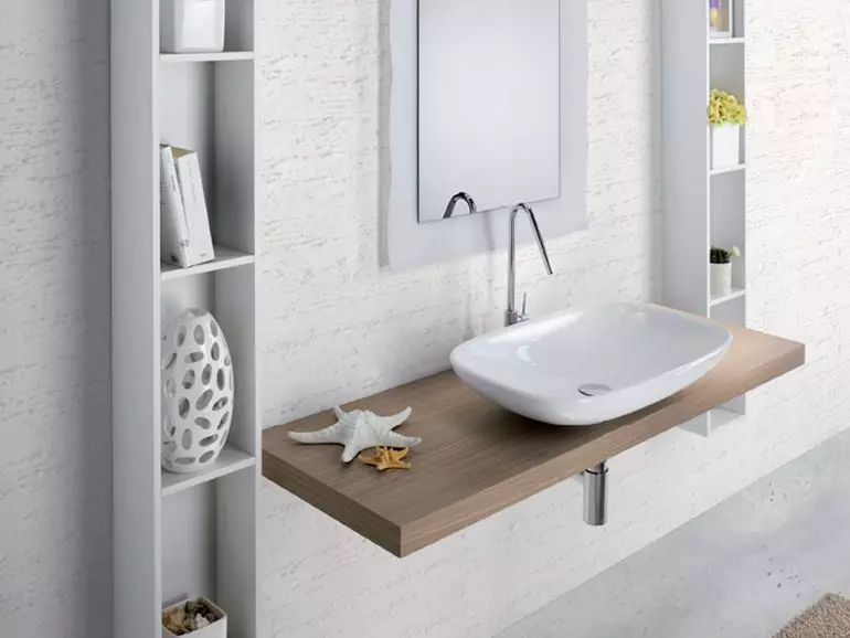 Tabletop v kúpeľni pod umývadlom (67 fotografií): z dlaždíc a mozaikových, akrylových a vlhkosti odolných voči dlaždice a ďalšie možnosti. Optimálna výška tabuľky pod umývadlom 10393_9