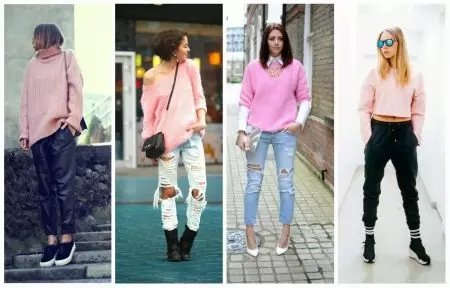 Suéter rosa (62 fotos): Qué usar, suéter, suavemente rosa, esponjoso, rosa pálido, rosa gris, rosa brillante 1039_34