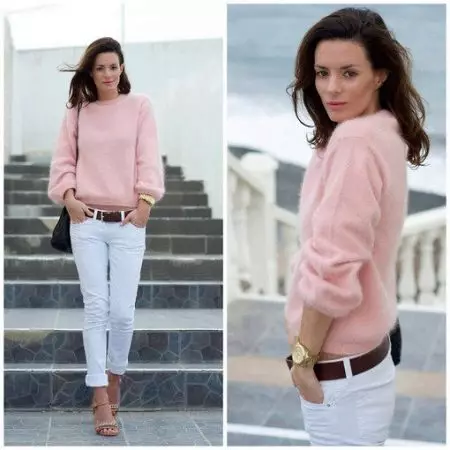 Suéter rosa (62 fotos): Qué usar, suéter, suavemente rosa, esponjoso, rosa pálido, rosa gris, rosa brillante 1039_40