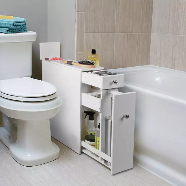 Penyimpanan di kamar mandi (43 foto): Sistem penyimpanan handuk dan mainan, ide organisasi ruang dan solusi optimal 10400_42