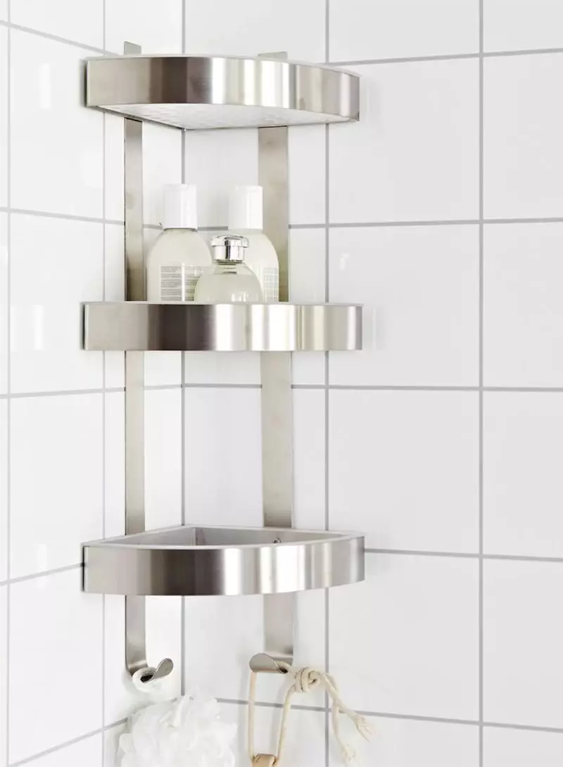 Étagères en acier inoxydable pour la salle de bain: acier inoxydable d'angle, mur, ventouses et autres. Comment choisir? 10404_23