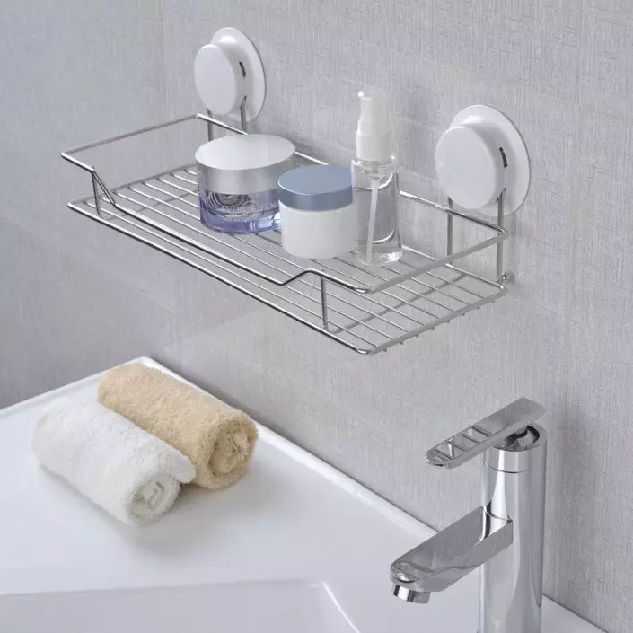 욕실 용 스테인레스 스틸 선반 : 코너 스테인레스 스틸, 벽, 흡입 컵 및 기타. 선택 방법은 무엇입니까? 10404_30