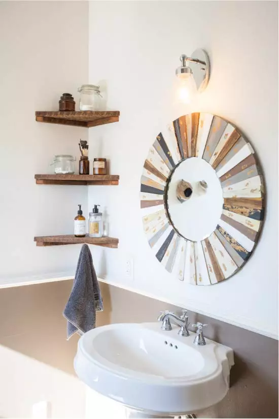 מדף עץ לשירותים: מדפי עץ מותקנים בחדר האמבטיה, פינת וכיור, אפשרויות אחרות 10407_22
