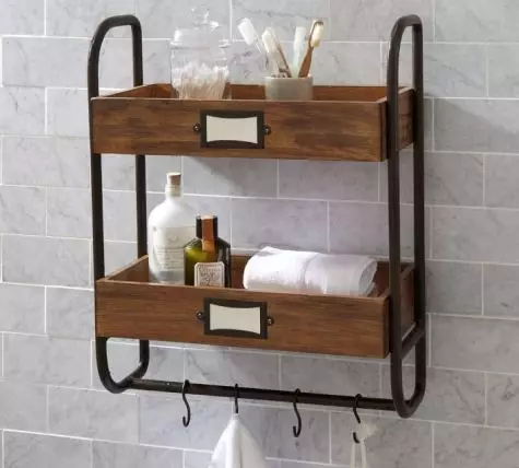 Rak kayu kanggo kamar mandi: dipasang roti kayu ing kamar mandi, sudhut lan sink, pilihan liyane 10407_8