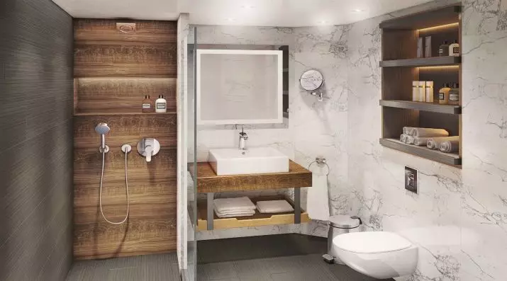 Lesena polica za kopalnico: nameščene lesene police v kopalnici, vogala in umivalnika, druge možnosti 10407_9