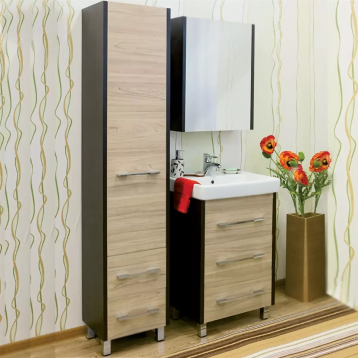 Kabinet lantai ing kamar mandi (67 foto): dada gedhe laci lan lemari cilik, review perabotan saka Ikea 10412_25