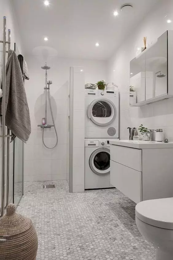 Пральна машина у ванній (101 фото): особливості дизайну інтер'єру ванної кімнати з пральною машиною в сучасному і інших стилях 10413_75