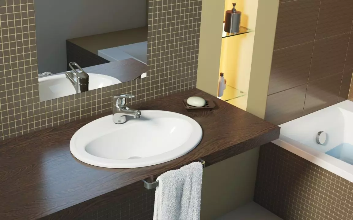 Koka galdiņš vannas istabā: izvēle zem izlietnes galda virsmām no Saba, masīvs un no citiem materiāliem 10415_15