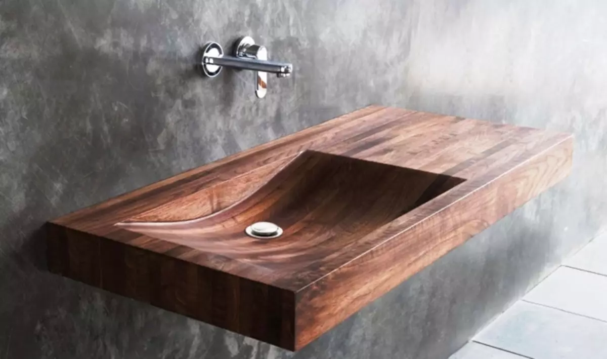 Mặt bàn gỗ trong phòng tắm: Lựa chọn dưới ngọn bàn chìm từ SLABA, mảng và từ các vật liệu khác 10415_20