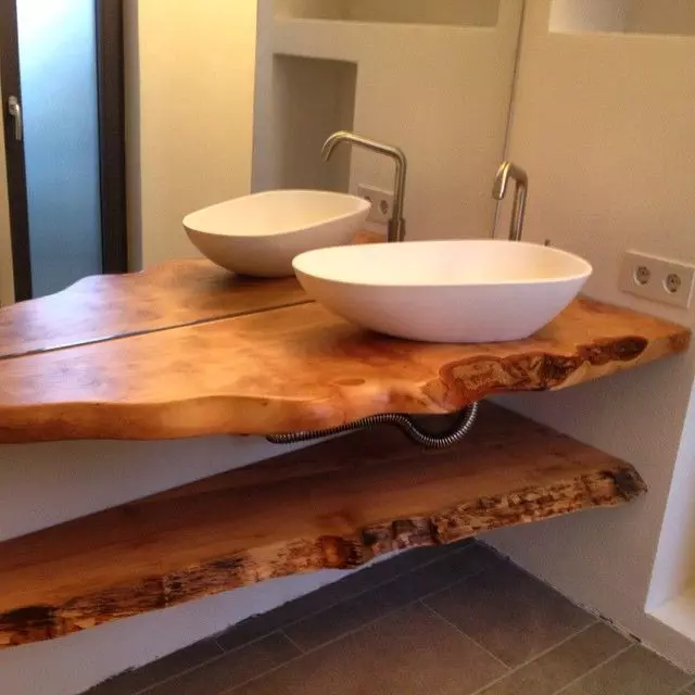バスルーム内の木製のカウンタートップ：スラバ、アレイと他の材料からのシンクテーブルの上の頂上の選択 10415_25