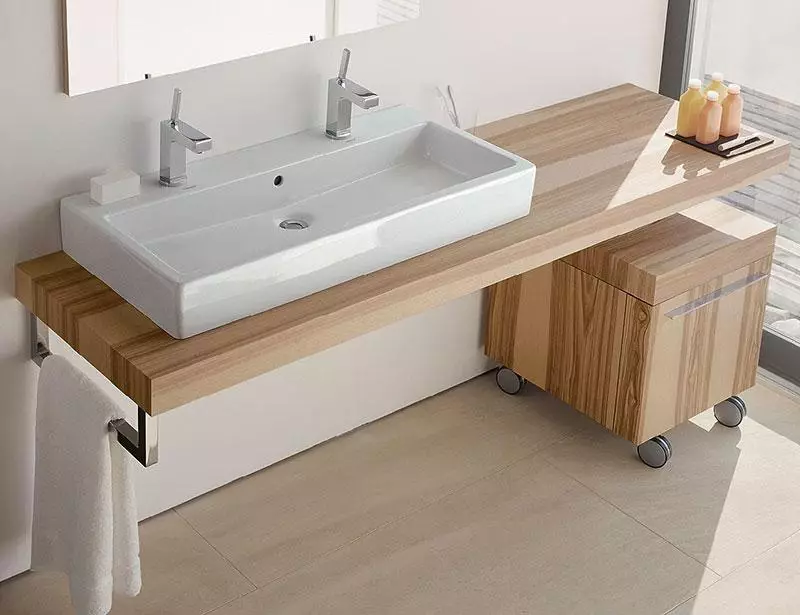 Ξύλινο πάγκο στο μπάνιο: Η επιλογή κάτω από το πινγκ πονγκ Tops από το Slaba, Array και από άλλα υλικά 10415_27