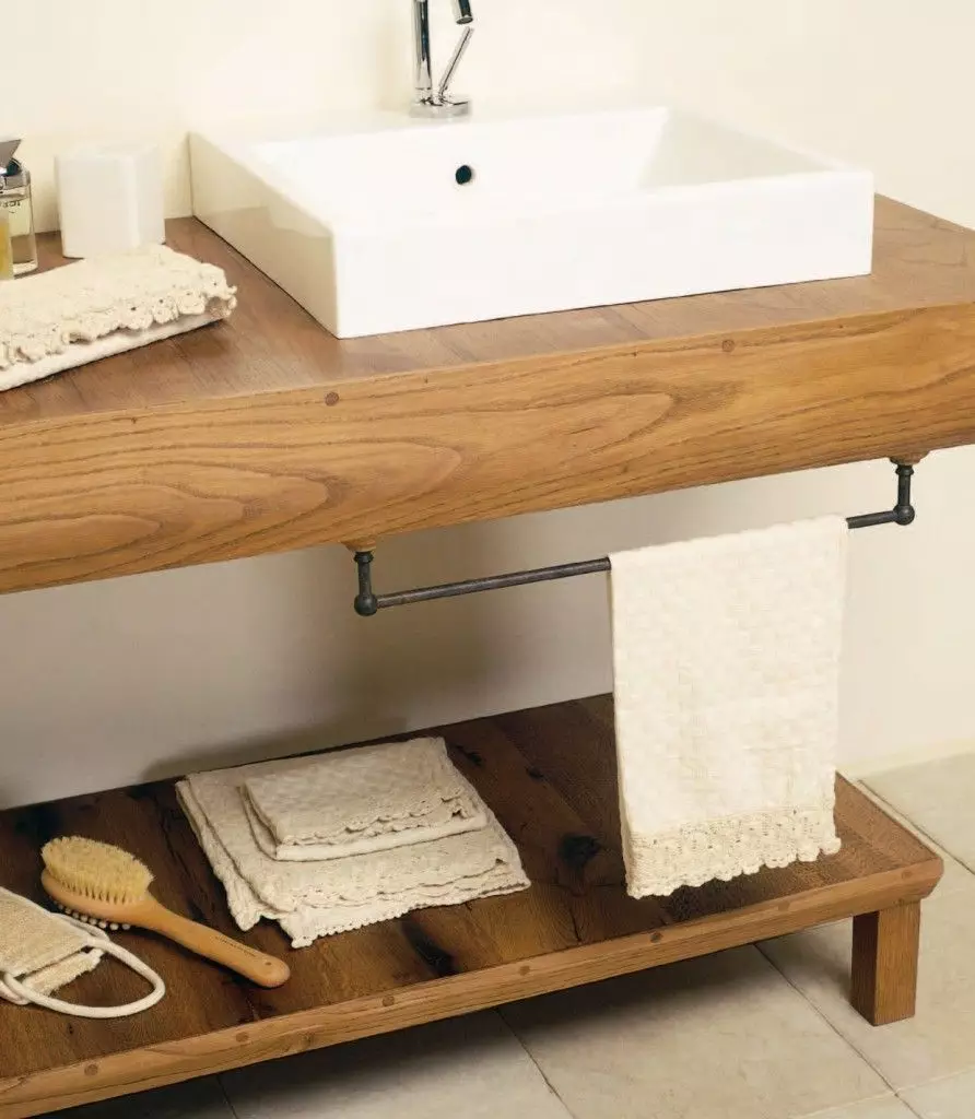 Drevená pult v kúpeľni: výber pod drezovými stolovými vrchmi z slabi, poľa a z iných materiálov 10415_8