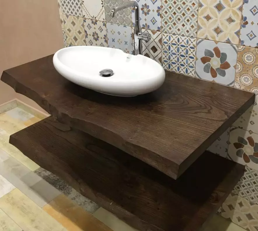 バスルーム内の木製のカウンタートップ：スラバ、アレイと他の材料からのシンクテーブルの上の頂上の選択 10415_9