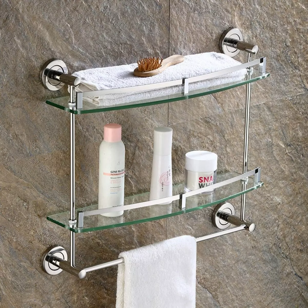 Polica na uteráky v kúpeľni (63 fotografií): s háčikmi a stenou, 50 cm z nehrdzavejúcej ocele, držiak uteráka s poličkou v kúpeľni a zvyšok 10421_49