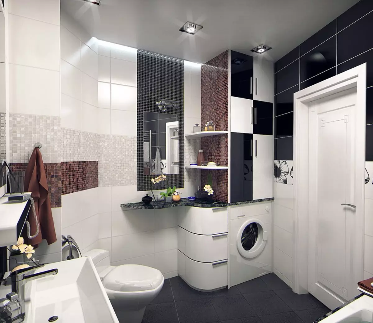 Ontwerp van gekombineerde badkamer 6 vierkante meter. M (77 foto's): interieur ontwerp met toilet, bad uitleg 2 deur 3 meter 10454_57