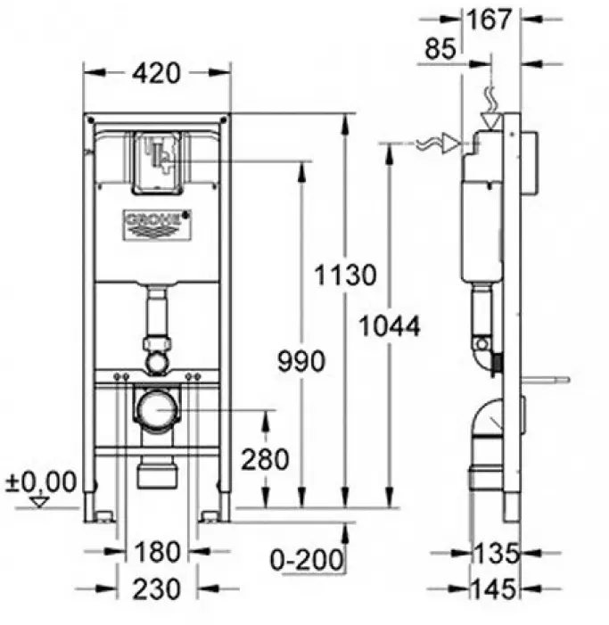 Instalacións para o inodoro Grohe: Descrición xeral dos kits de instalación SOLIDO e RAPID SL para os baños suspendidos cun botón de flush, o tamaño dos sistemas de baixa e canto 10473_29