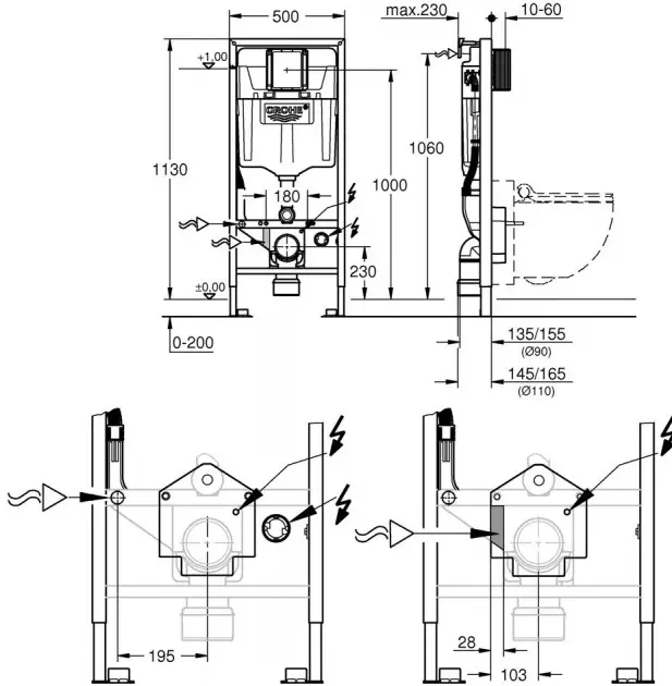 Anlagen für die Toilette GROHE: Überblick über Solido- und Rapid SL-Installations-Kits für suspendierte Toiletten mit einer Flush-Taste, der Größe der Tief- und Ecksysteme 10473_31
