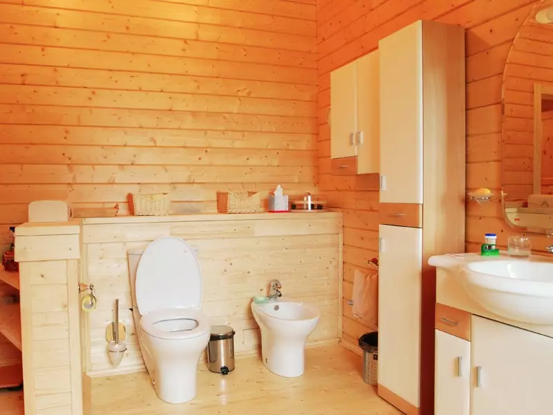 Baño nunha casa de madeira (76 fotos): deseño de habitacións nunha casa dun bar no país, exemplos de acabado de chan, esquemas de ventilación 10475_17
