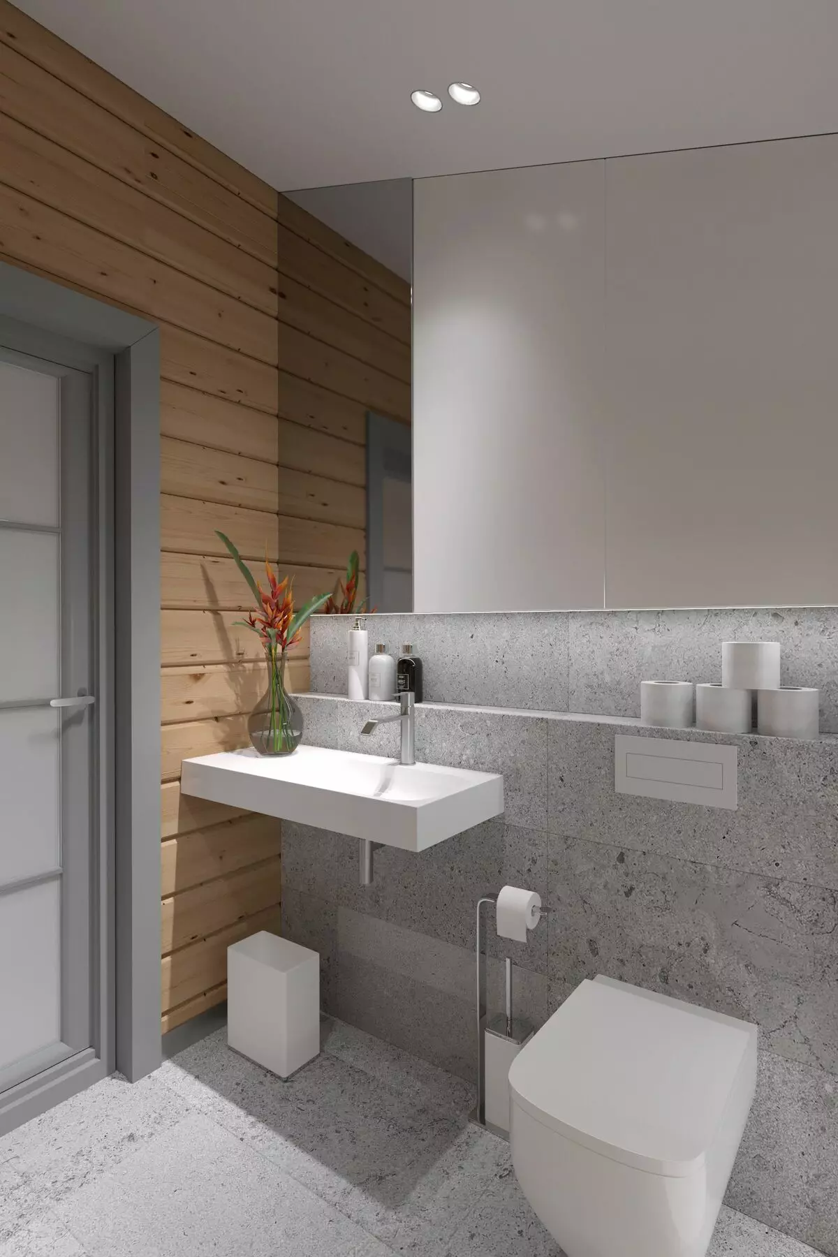 Kamar mandi di rumah kayu (76 foto): Desain kamar di rumah bar di negara ini, contoh lantai selesai, skema ventilasi 10475_4