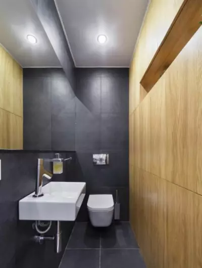 Badkamer in een houten huis (76 foto's): Kamerontwerp in een huis van een bar in het land, voorbeelden van vloerafwerking, ventilatie-regelingen 10475_47