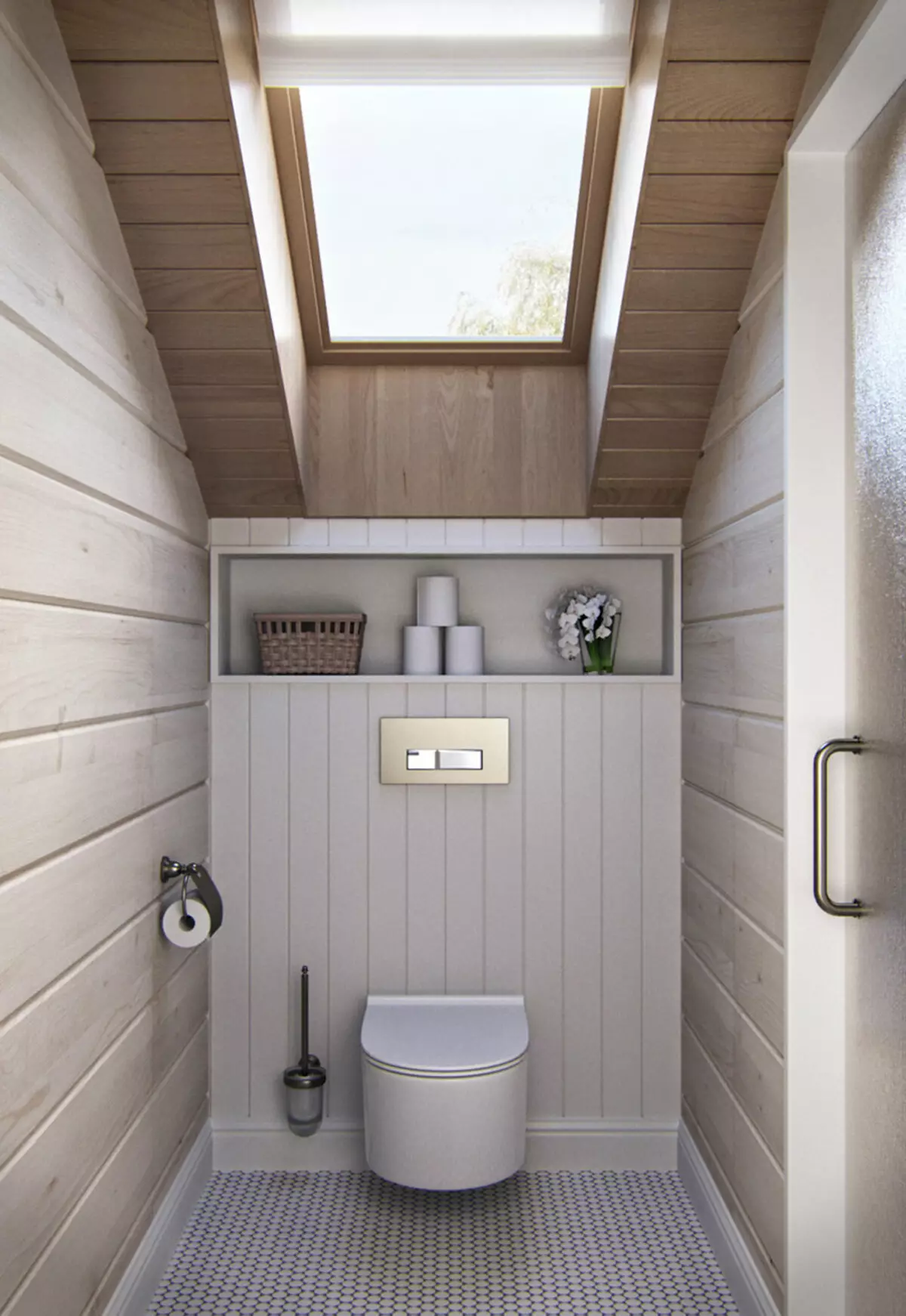 एक लकड़ी के घर में बाथरूम (76 फोटो): देश में एक बार के एक घर में कमरे का डिजाइन, फर्श खत्म, वेंटिलेशन योजनाओं के उदाहरण 10475_65