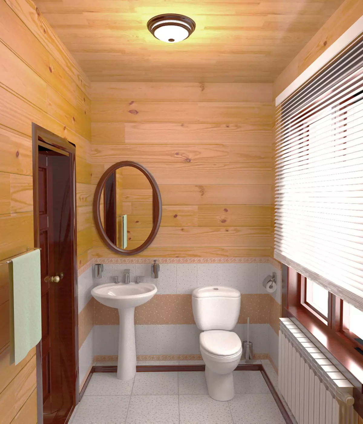 Vonios kambarys su mediniame name (76 nuotraukos): kambario dizainas baras šalyje, grindų apdailos pavyzdžiai, ventiliacijos schemos 10475_66