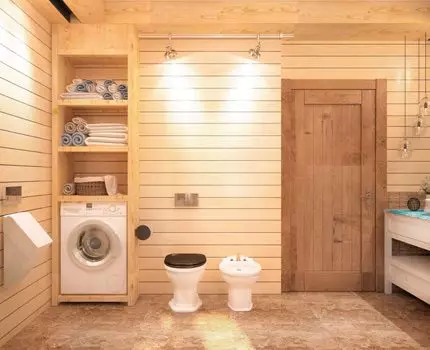 लाकडी घरामध्ये स्नानगृह (76 फोटो): देशातील एका बारमध्ये कक्ष डिझाइन, मजला समाप्त, वेंटिलेशन योजनांचे उदाहरण 10475_71