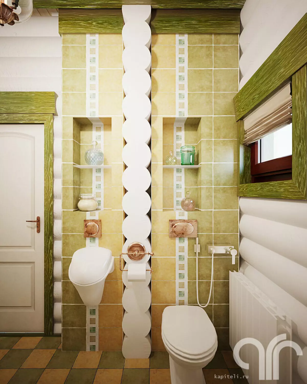 Vonios kambarys su mediniame name (76 nuotraukos): kambario dizainas baras šalyje, grindų apdailos pavyzdžiai, ventiliacijos schemos 10475_73