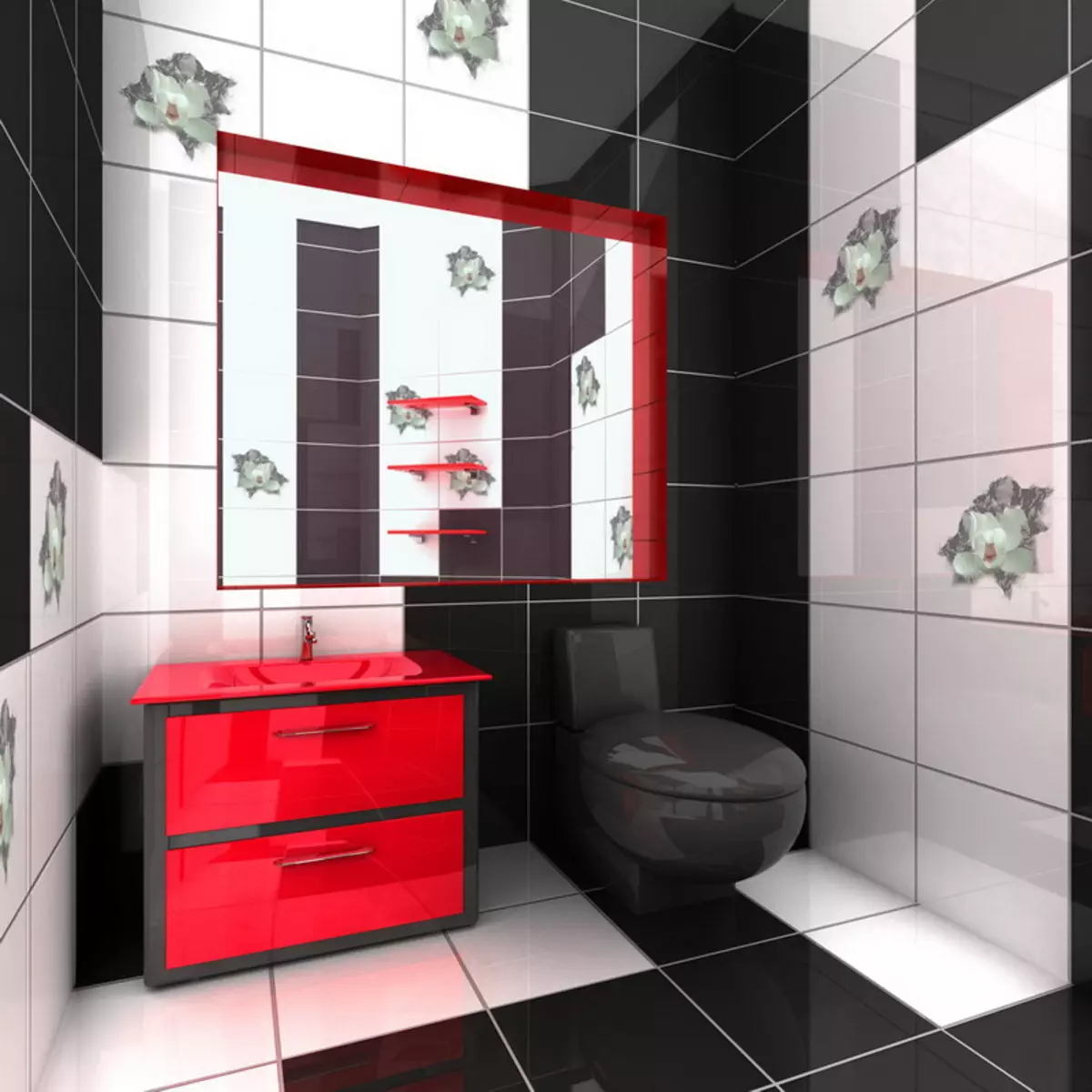 Μαύρη τουαλέτα (67 φωτογραφίες): Σχεδιασμός τουαλέτας σε ασπρόμαυρα χρώματα, επιλογή από μια σκοτεινή τουαλέτα χρώματος σε ένα διαμέρισμα, φινίρισμα με μαύρα και κόκκινα πλακάκια 10501_15