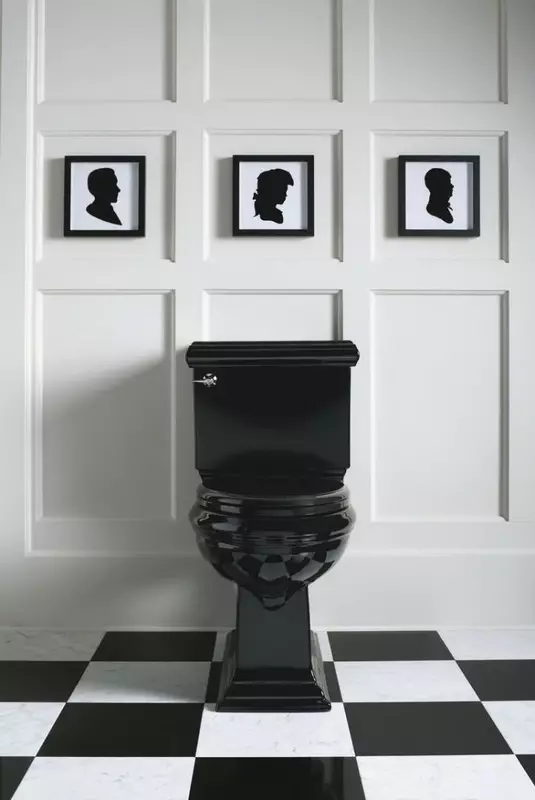 Černá toaleta (67 fotek): Design toaletu v černé a bílé barvy, výběr tmavých barevných WC v bytě, povrchová úprava černými a červenými dlaždicemi 10501_16