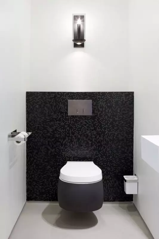 Melnā tualete (67 fotogrāfijas): tualetes dizains melnās un baltās krāsās, tumšā krāsu tualetes izvēle dzīvoklī, apdares ar melnām un sarkanām flīzēm 10501_21