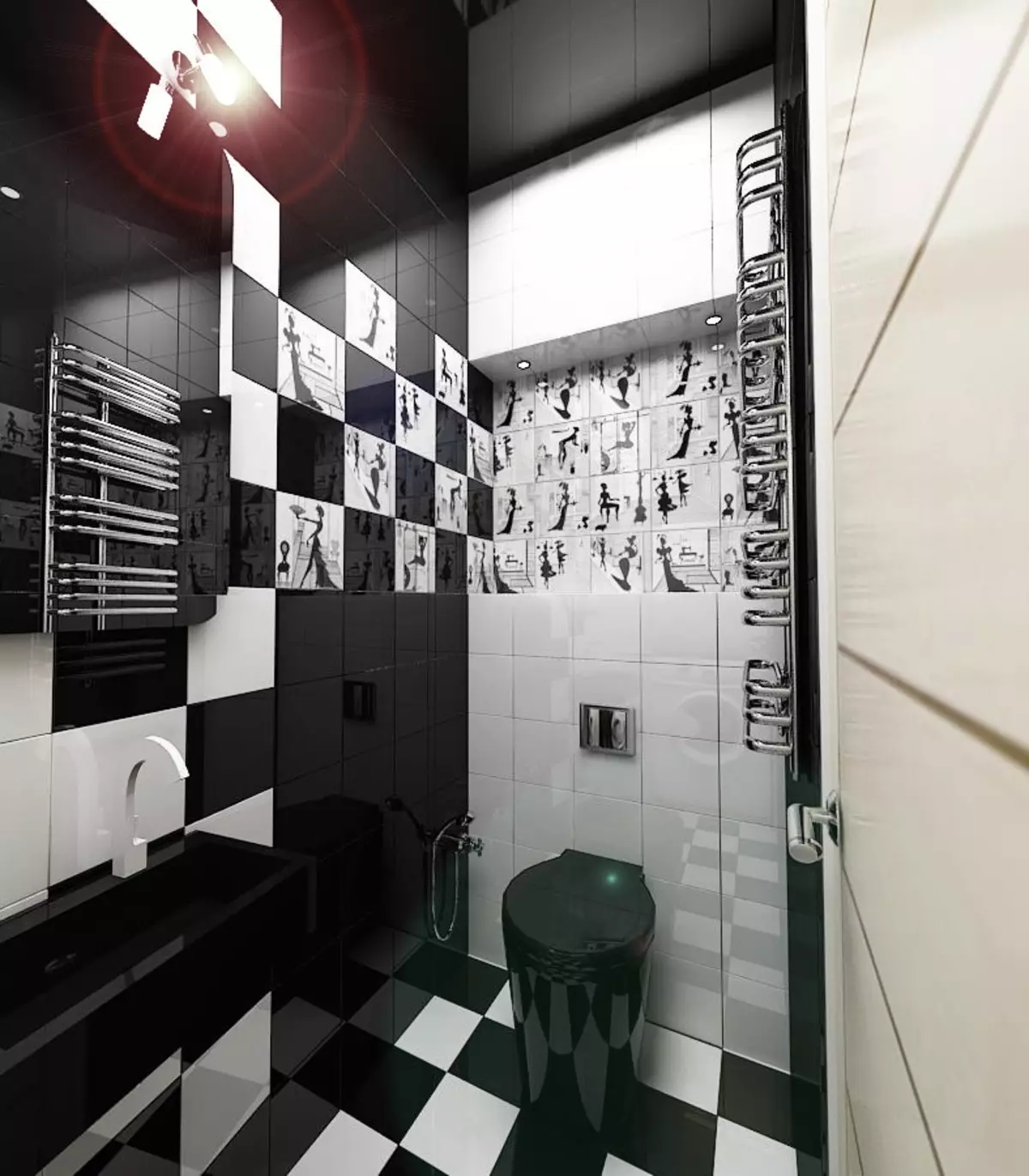 काळा शौचालय (67 फोटो): काळ्या आणि पांढर्या रंगात शौचालय डिझाइन, एका अपार्टमेंटमध्ये गडद रंगाचा शौचालय निवड, काळा आणि लाल टाइलसह समाप्त करणे 10501_22