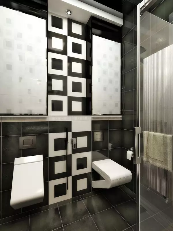 Černá toaleta (67 fotek): Design toaletu v černé a bílé barvy, výběr tmavých barevných WC v bytě, povrchová úprava černými a červenými dlaždicemi 10501_23