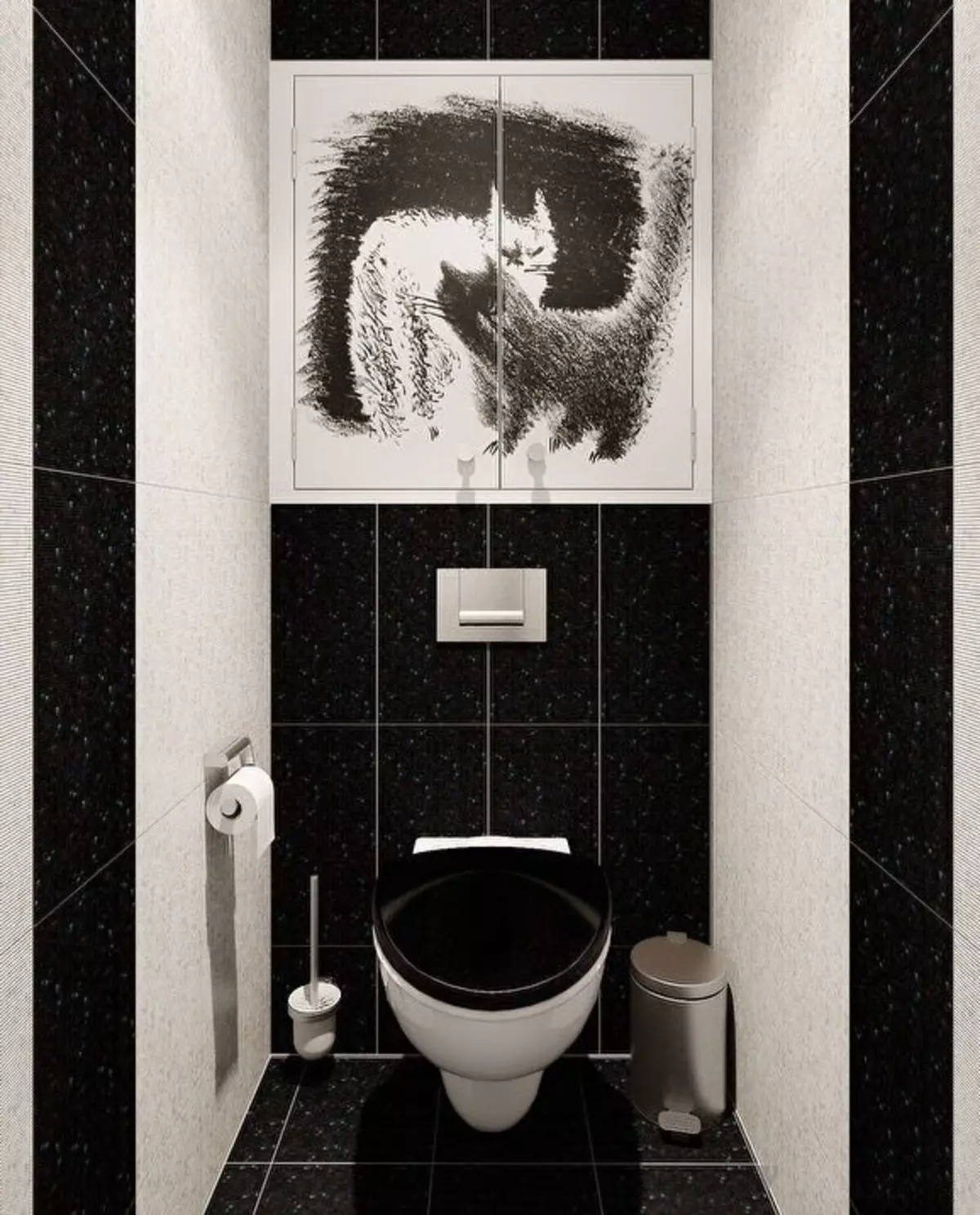 Juodasis tualetas (67 nuotraukos): tualeto dizainas juodos ir baltos spalvos, tamsios spalvos tualetas bute, apdaila su juodomis ir raudonomis plytelėmis 10501_30