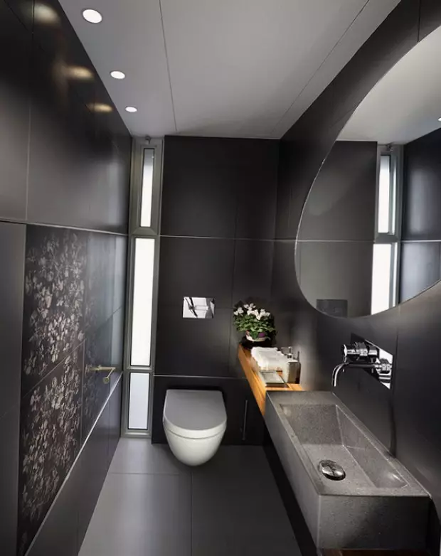 Tandas Hitam (67 foto): Reka bentuk tandas dalam warna hitam dan putih, pemilihan tandas warna gelap di sebuah apartmen, penamat dengan jubin hitam dan merah 10501_41