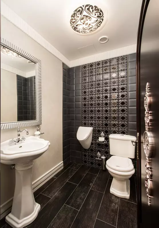 Juodasis tualetas (67 nuotraukos): tualeto dizainas juodos ir baltos spalvos, tamsios spalvos tualetas bute, apdaila su juodomis ir raudonomis plytelėmis 10501_47