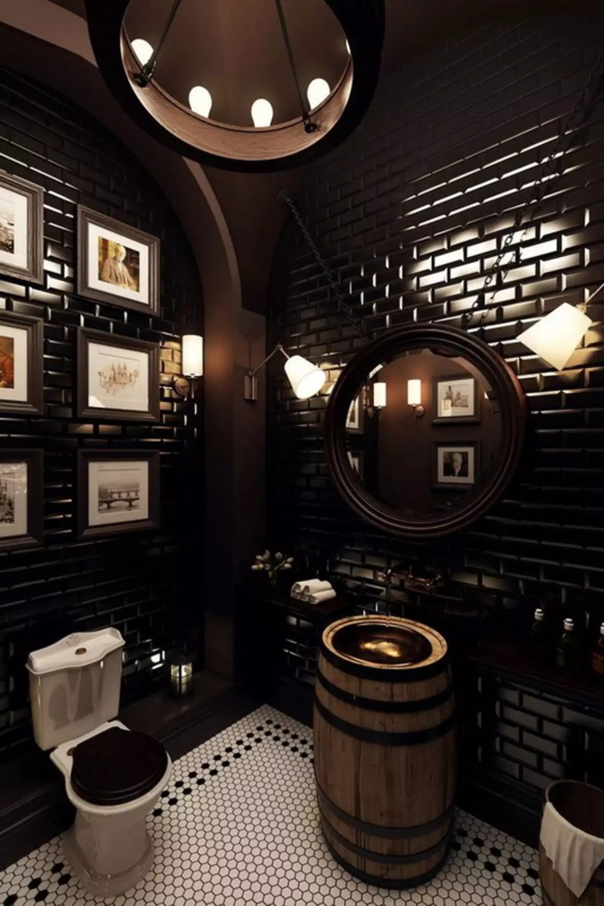 Crni WC (67 fotografija): WC dizajn u crno-bijelim bojama, odabir tamnog toaleta u apartmanu, završna obrada crnim i crvenim pločicama 10501_5