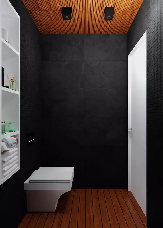 黑色厕所（67张照片）：黑色和白色的卫生间设计，在公寓中选择深色厕所，用黑色和红色瓷砖完成 10501_57