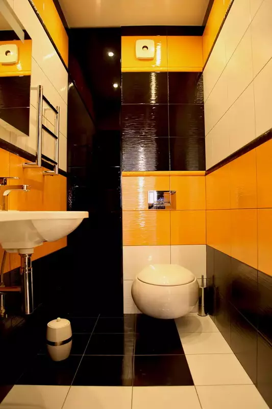Μαύρη τουαλέτα (67 φωτογραφίες): Σχεδιασμός τουαλέτας σε ασπρόμαυρα χρώματα, επιλογή από μια σκοτεινή τουαλέτα χρώματος σε ένα διαμέρισμα, φινίρισμα με μαύρα και κόκκινα πλακάκια 10501_66