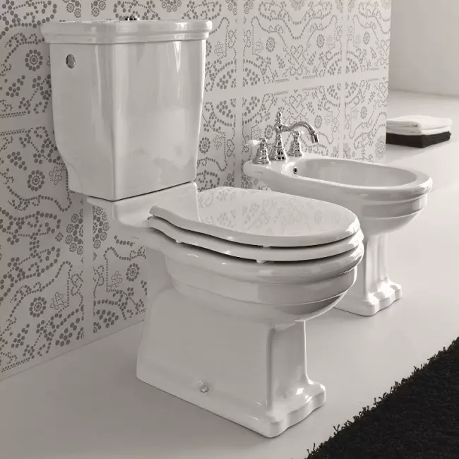 Ретро тоалетна: Семейства на тоалетната в стила на класическата ретро. Coileties-компактен и окачени тоалетни с високи топ резервоари, други модели 10518_11