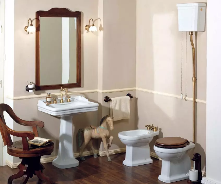 Ретро тоалетна: Семейства на тоалетната в стила на класическата ретро. Coileties-компактен и окачени тоалетни с високи топ резервоари, други модели 10518_2
