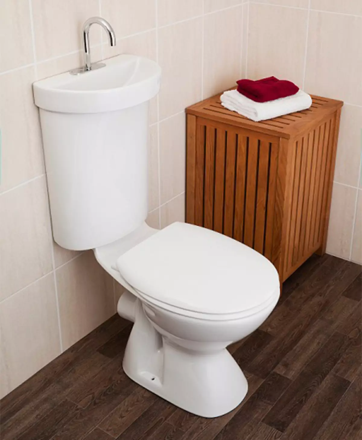 Toilet bakke op 'n tenk: die ontwerp van die gekombineerde toiletbak met 'n wasbak. Stel 2 in 1 met ingeboude wasbak en tumb, ander modelle van combo 10526_13