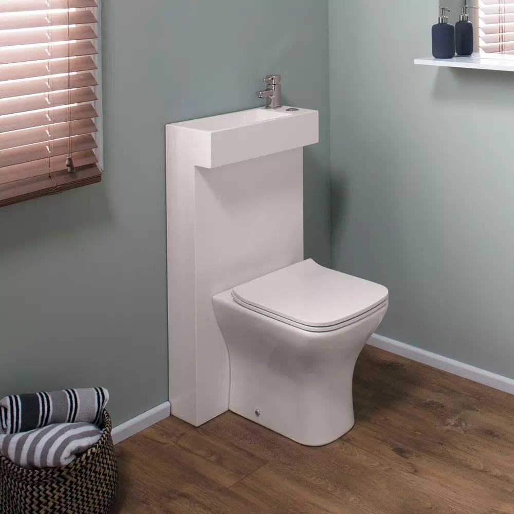WC-tálak egy tartályon: az egyesített WC-tál designja mosdókagylóval. Set 2 in 1 beépített mosdóval és tumzs, más modellek kombinált 10526_18