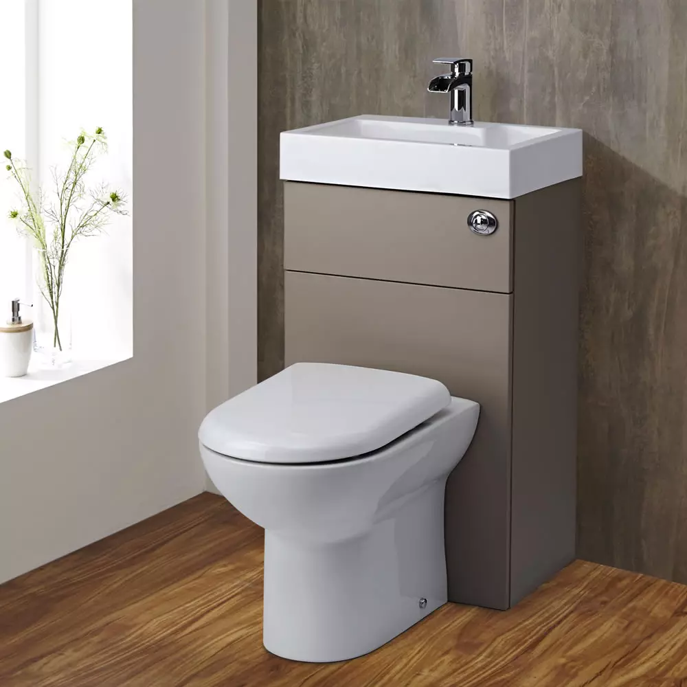 Toilette Schësselcher op engem Tank: Den Design vun der kombinéierter Toilett Schuel mat engem Washbasin. Setzt 2 an 1 mat agebaute ënnerzegoen an zéien, aner Modeller vu Comboen 10526_2