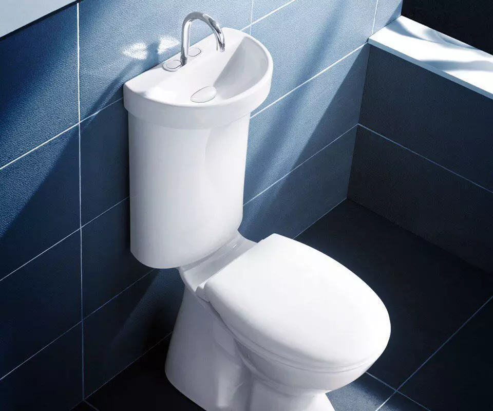 Toiletskåle på en tank: Designet af den kombinerede toiletskål med en håndvask. Sæt 2 i 1 med indbygget vask og tumb, andre modeller af combos 10526_22