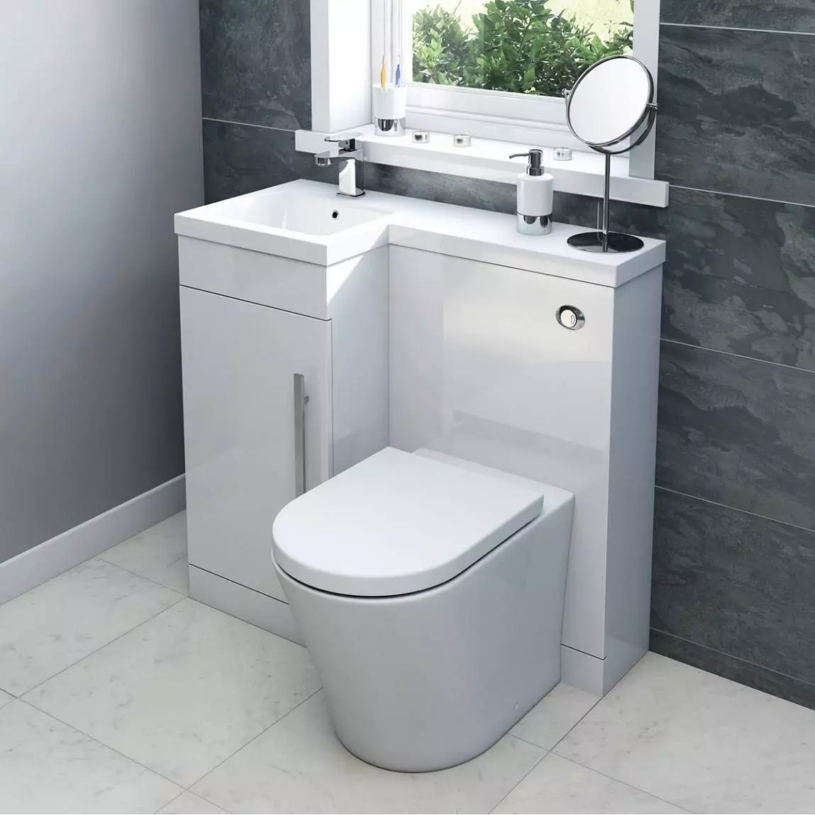 Mangkuk tandas pada tangki: reka bentuk mangkuk tandas gabungan dengan washbasin. Tetapkan 2 dalam 1 dengan sinki terbina dalam dan tumba, model kombo lain 10526_26