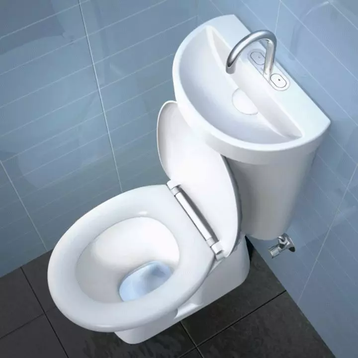 Bowl toilet ing tank: Desain mangkuk jamban gabungan kanthi washbasin. Setel 2 ing 1 kanthi nglelebke lan weteng, model liyane 10526_3
