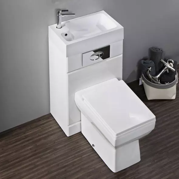 Toalettskåler på en tank: Utformingen av den kombinerte toalettskålen med en servant. Sett 2 i 1 med innebygd vask og tumb, andre modeller av kombinasjoner 10526_4