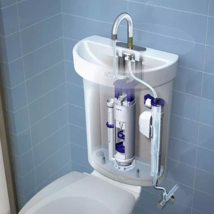Toiletskåle på en tank: Designet af den kombinerede toiletskål med en håndvask. Sæt 2 i 1 med indbygget vask og tumb, andre modeller af combos 10526_7