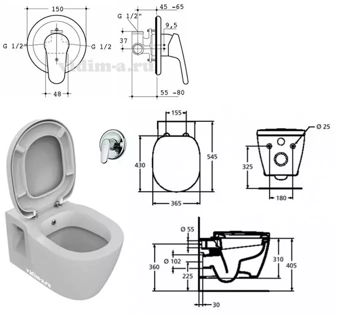 Leithreas le feidhm bidet: leithris siogairlín dhá cheann i gceann le bidet leithris tógtha isteach, leithreas urláir, in éineacht le Bift, athbhreithnithe 10554_42